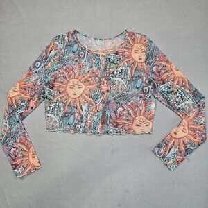 Celestial Sun & Moon Print Cropped Long Sleeve Mesh Top Large Boho Gypsy